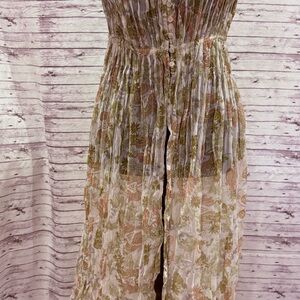 Free People Green and Cream Floral sheer tunic